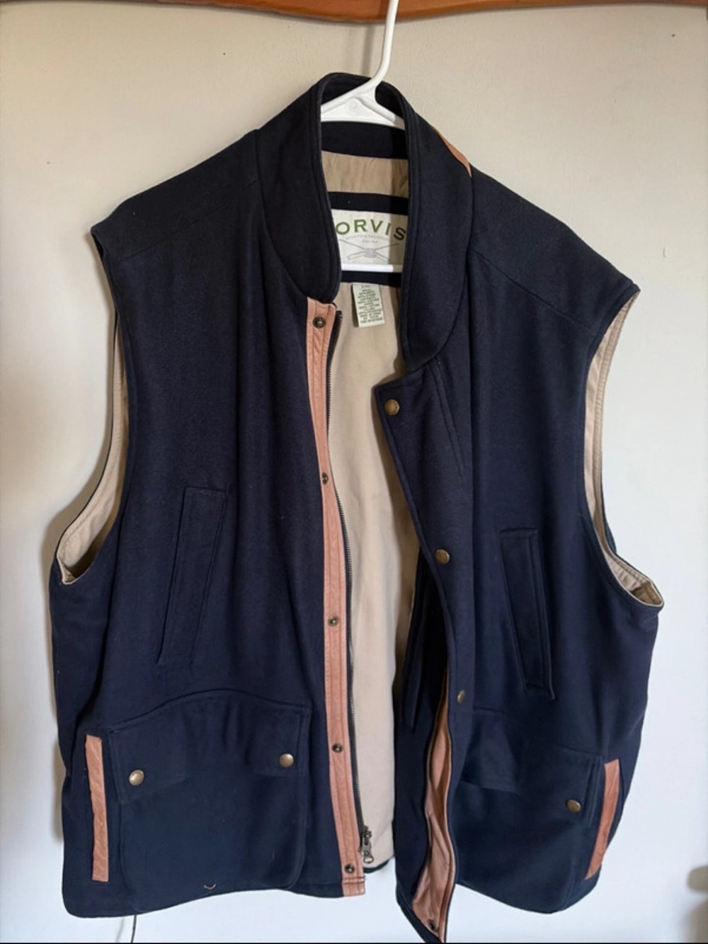 Orvis Navy Vest with Tan Lining and Pink Trim